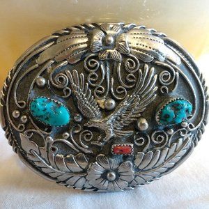 S.S.I 88, Native American Belt Buckle With Turquoise And Coral Stones